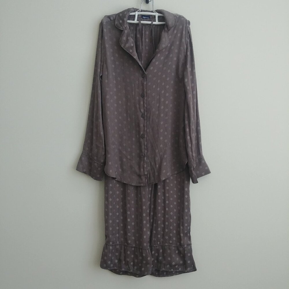 Gap full pajama set pants and button down shirt dark taupe polka dot silky XS